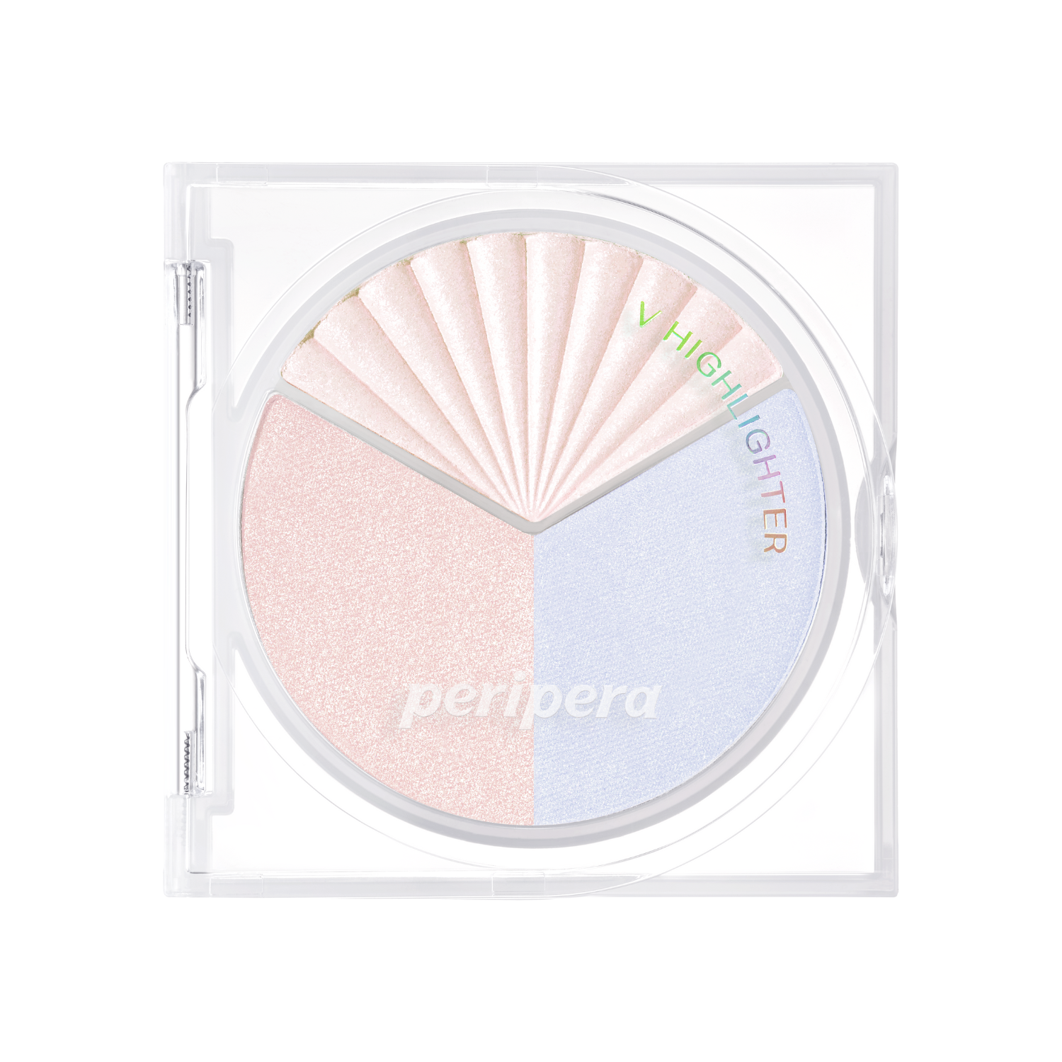 Peripera V Highlighter with shimmering, peachy-pink shade, highlighting the cheekbones with a luminous glow.