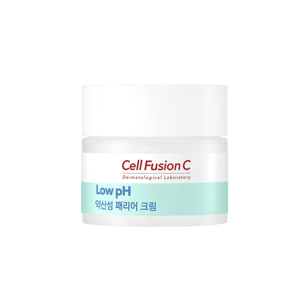 Cell Fusion C Low pH pHarrier 4-piece skincare set with cleanser, toner, serum, and moisturizer on a white background.