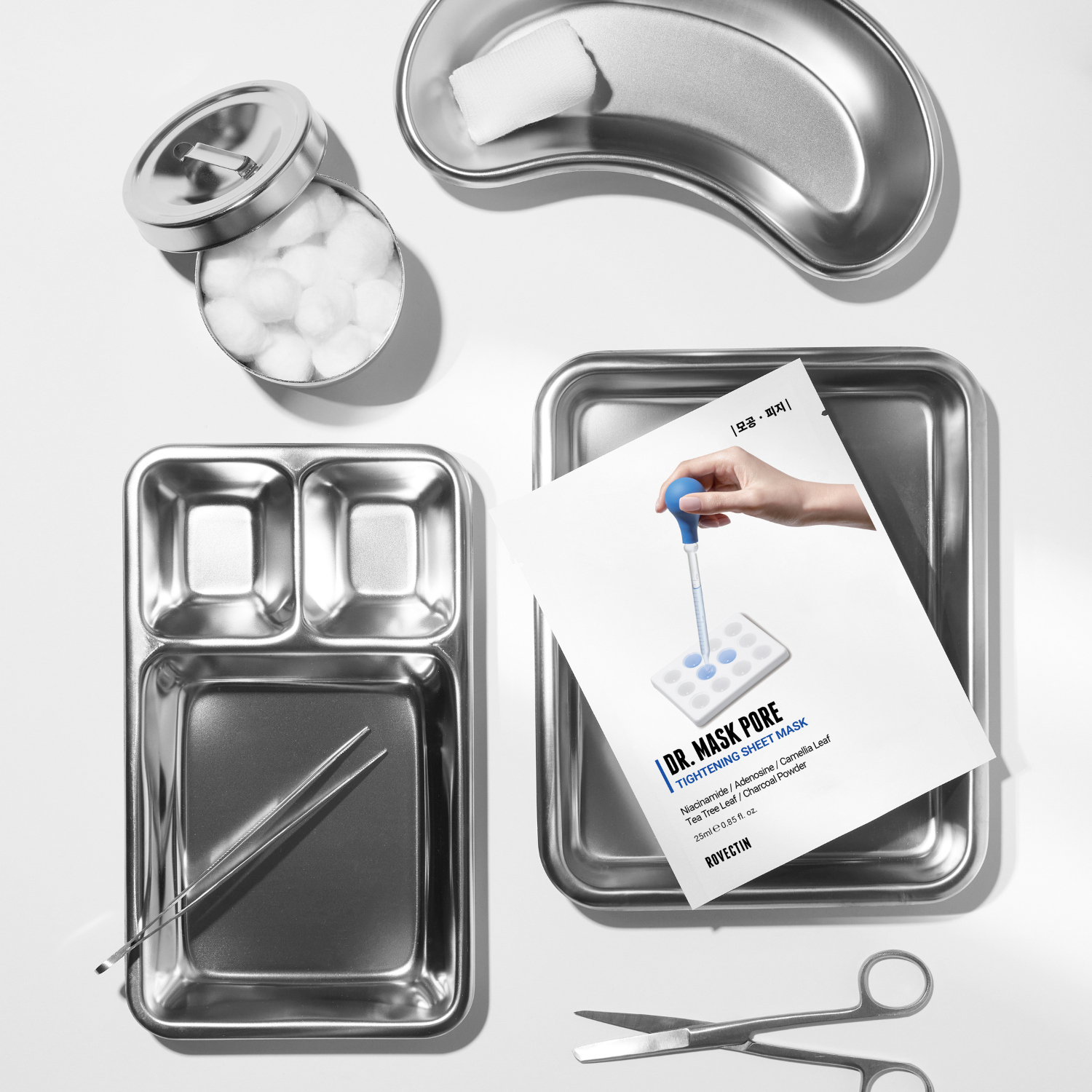 Rovectin Dr. Mask Pore Box sheet masks, 5-pack with individual masks featuring pore-refining skincare ingredients.