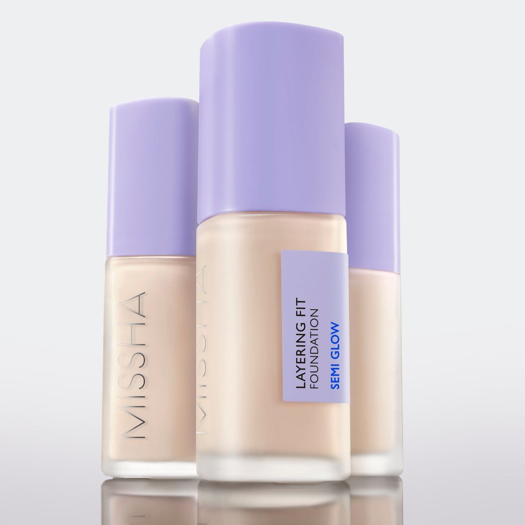Missha Layering Fit Foundation Semi Glow liquid foundation in a sleek bottle, showcasing its semi-glow finish and smooth texture.