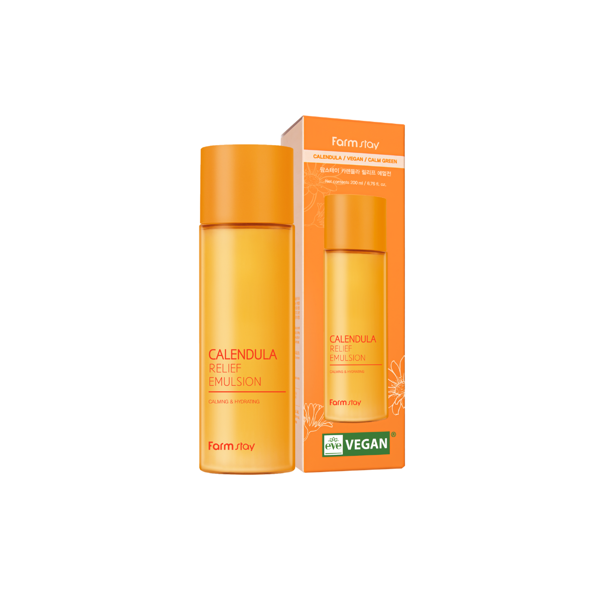 Farmstay Calendula Relief Emulsion, 200ml face moisturizer with calendula for soothing and hydrating skin.