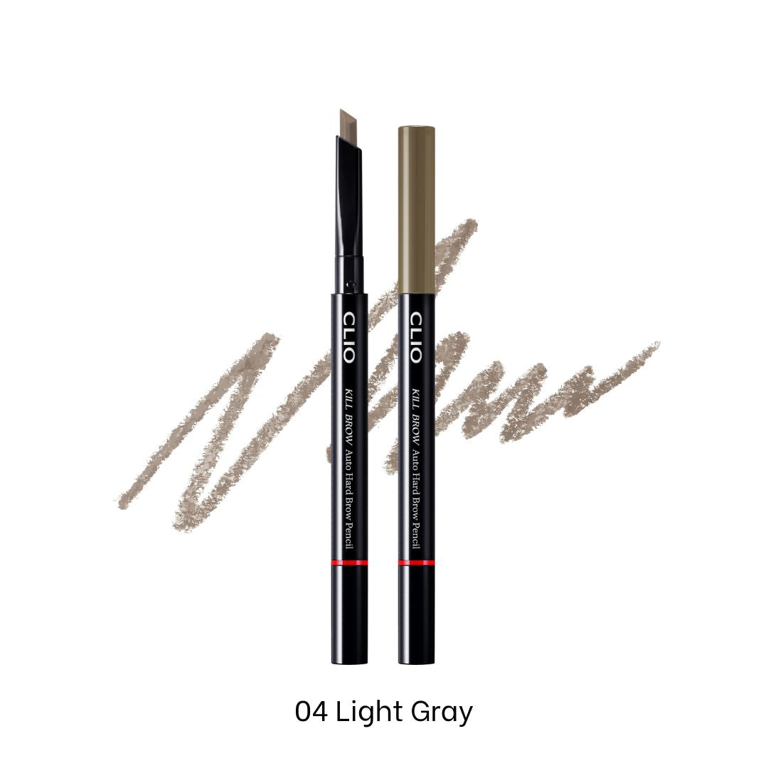 Clio Kill Brow Auto Hard Brow Pencil in light gray, designed for shaping and defining eyebrows with precise application.