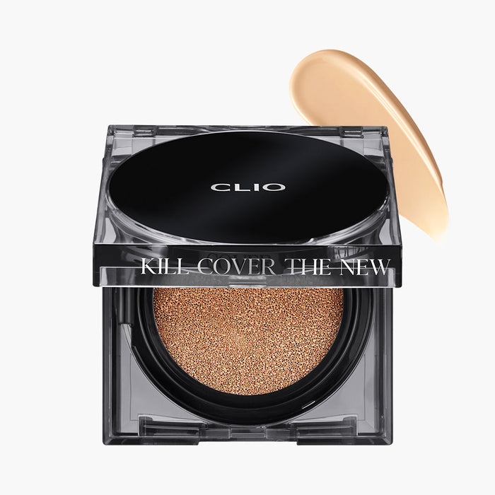 Clio Kill Cover The New Founwear Cushion foundation with refill, showing the padded cushion case and applicator in a close-up image.