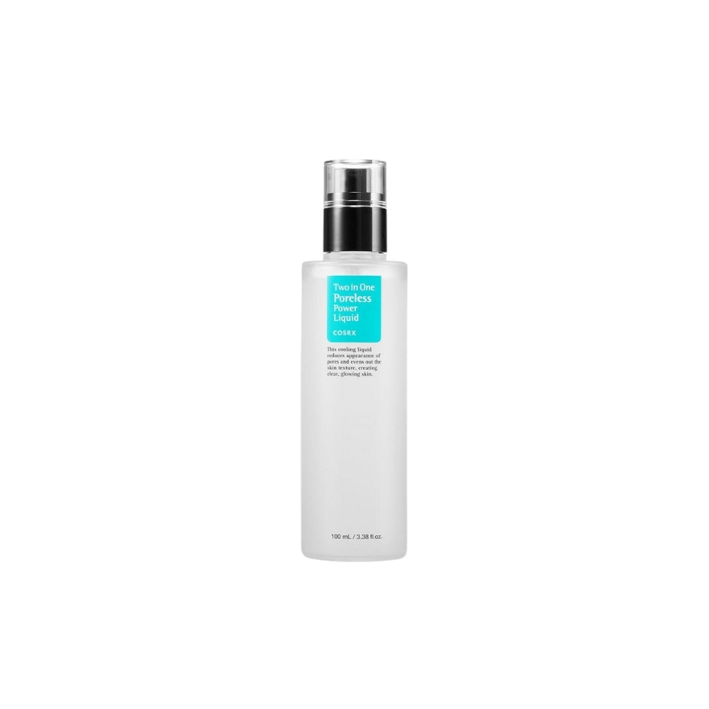 COSRX Two in One Poreless Power Liquid 100ml toner bottle with clear label and white cap, showcasing the skincare product.