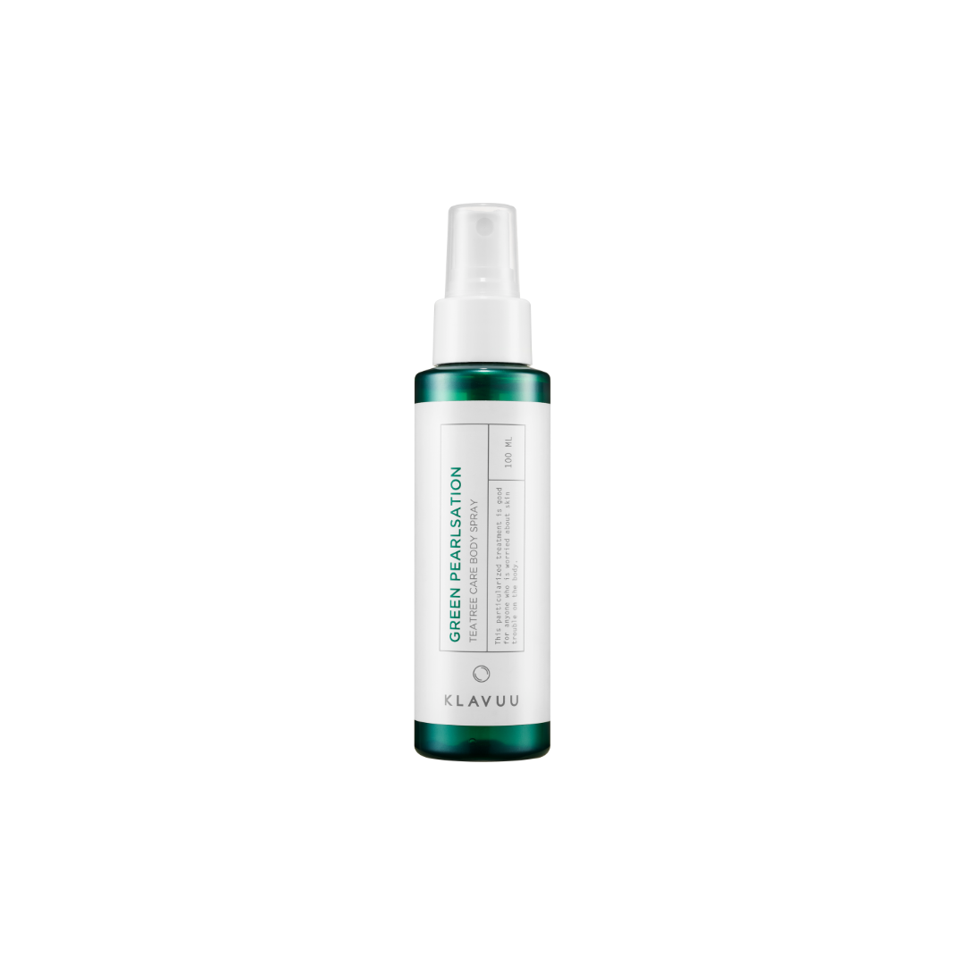 Klavuu Green Pearlsation Teatree Care Body Spray bottle, 100ml, with green and white packaging for nourishing body care
