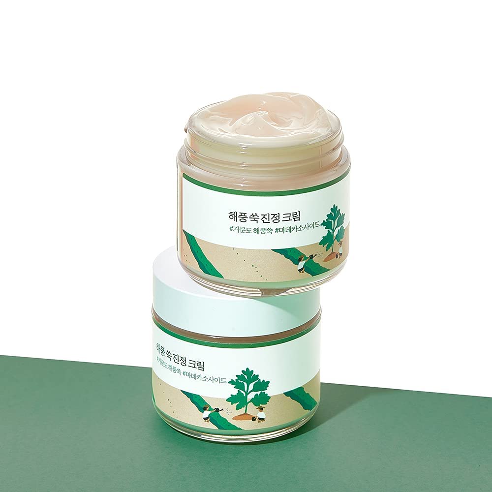 Round Lab Mugwort Calming Cream 80ml face moisturizer in a jar, featuring herbal ingredients and a soothing, lightweight texture.