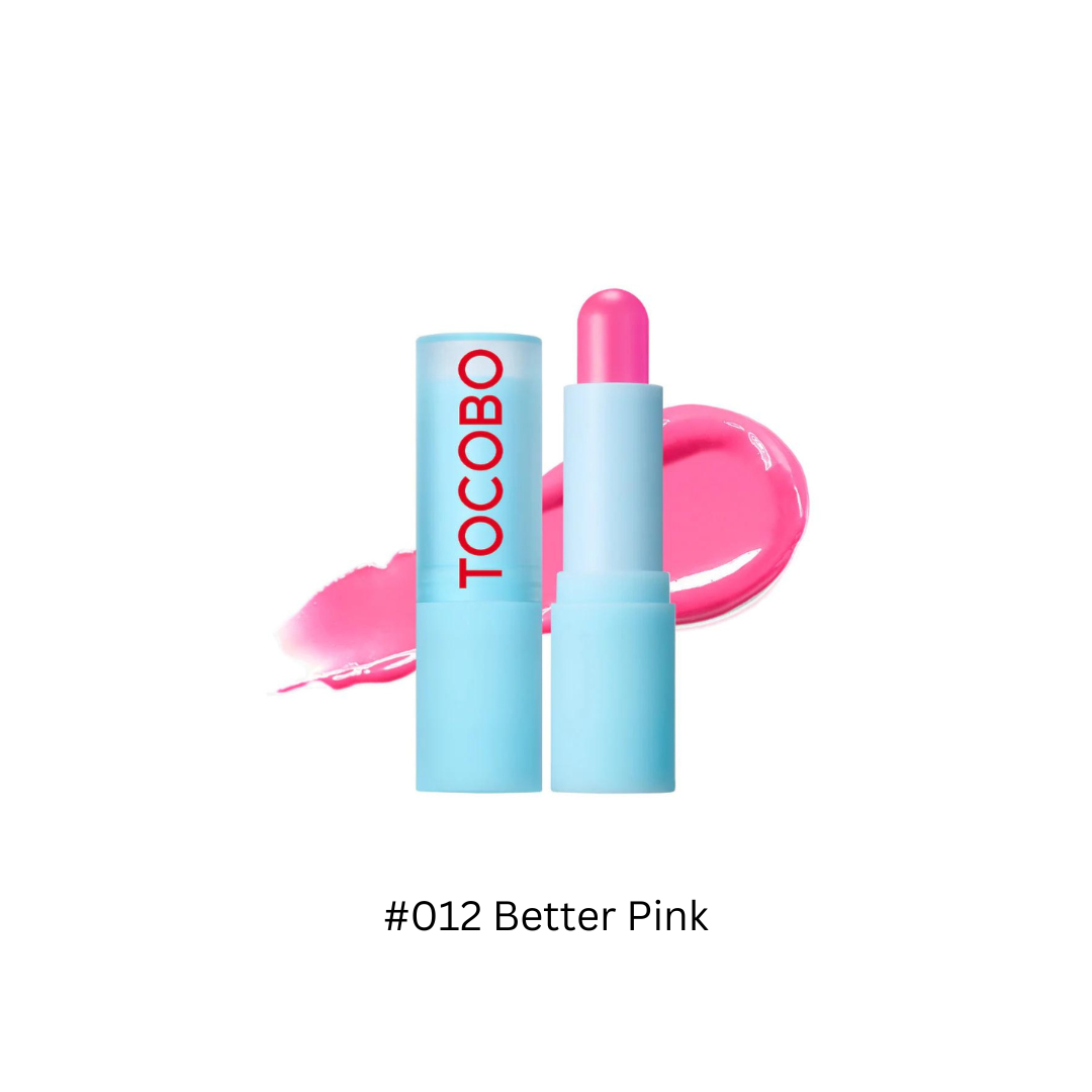 TOCOBO glass tinted lip balm and essence with a smooth, glossy finish and subtle color in a clear container.