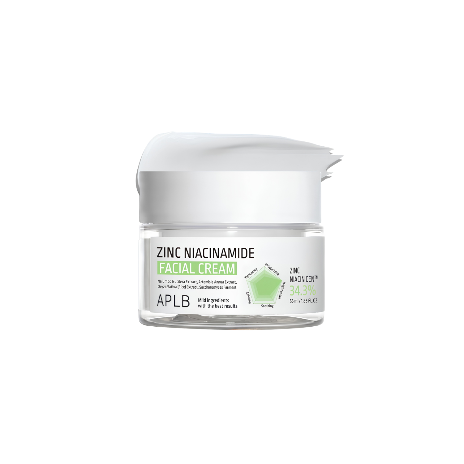 APLB Zinc Niacinamide Facial Cream 55ml, a face moisturizer with zinc and niacinamide, shown in a sleek jar.