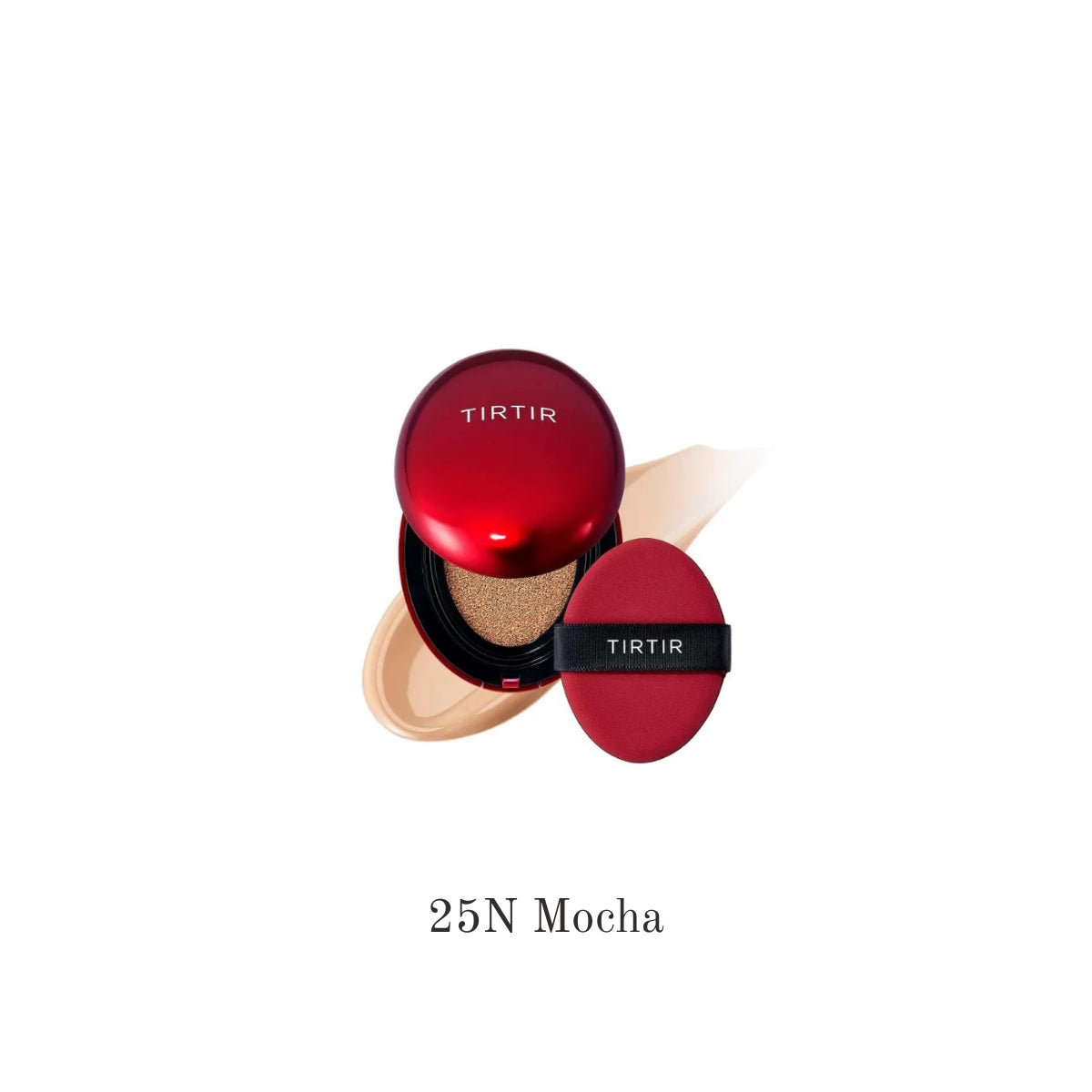 TIRTIR Mask Fit Red Mini Cushion foundation compact with open lid showing the cushion inside and sleek packaging.