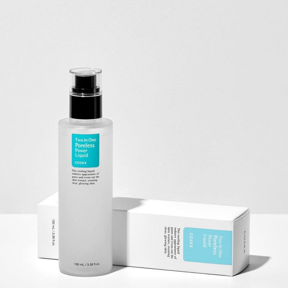 COSRX Two in One Poreless Power Liquid toner in a 100ml bottle, shown with clear liquid and minimalist packaging.