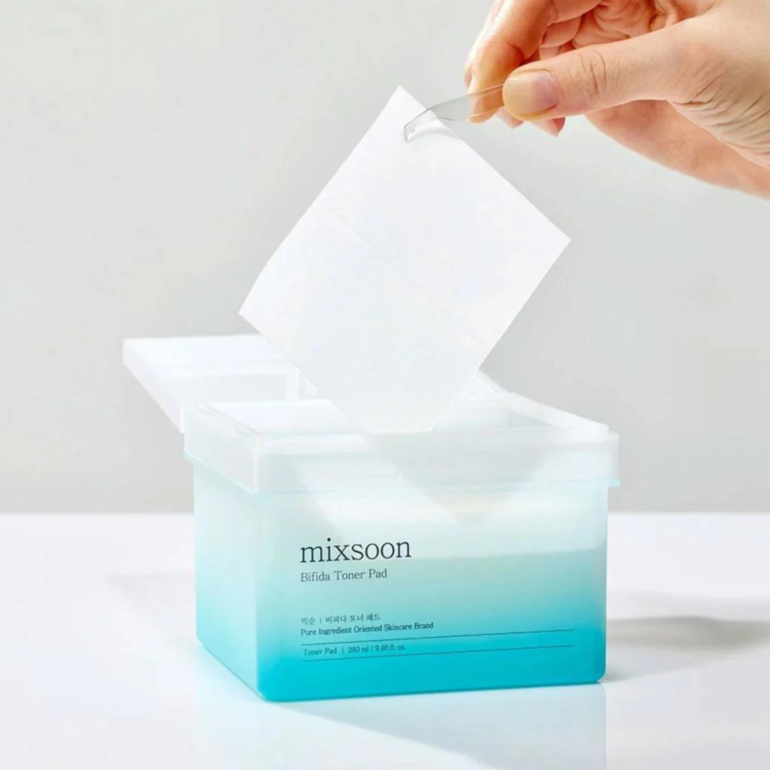 Mixsoon Bifida Toner Pad box containing 120 soft toner pads for skincare in a clean, minimalist packaging.