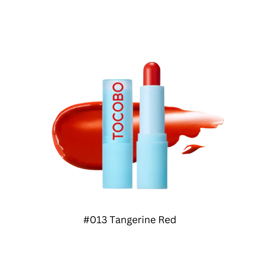 TOCOBO glass tinted lip balm and essence with a sleek tube design, showcasing the tinted balm inside.