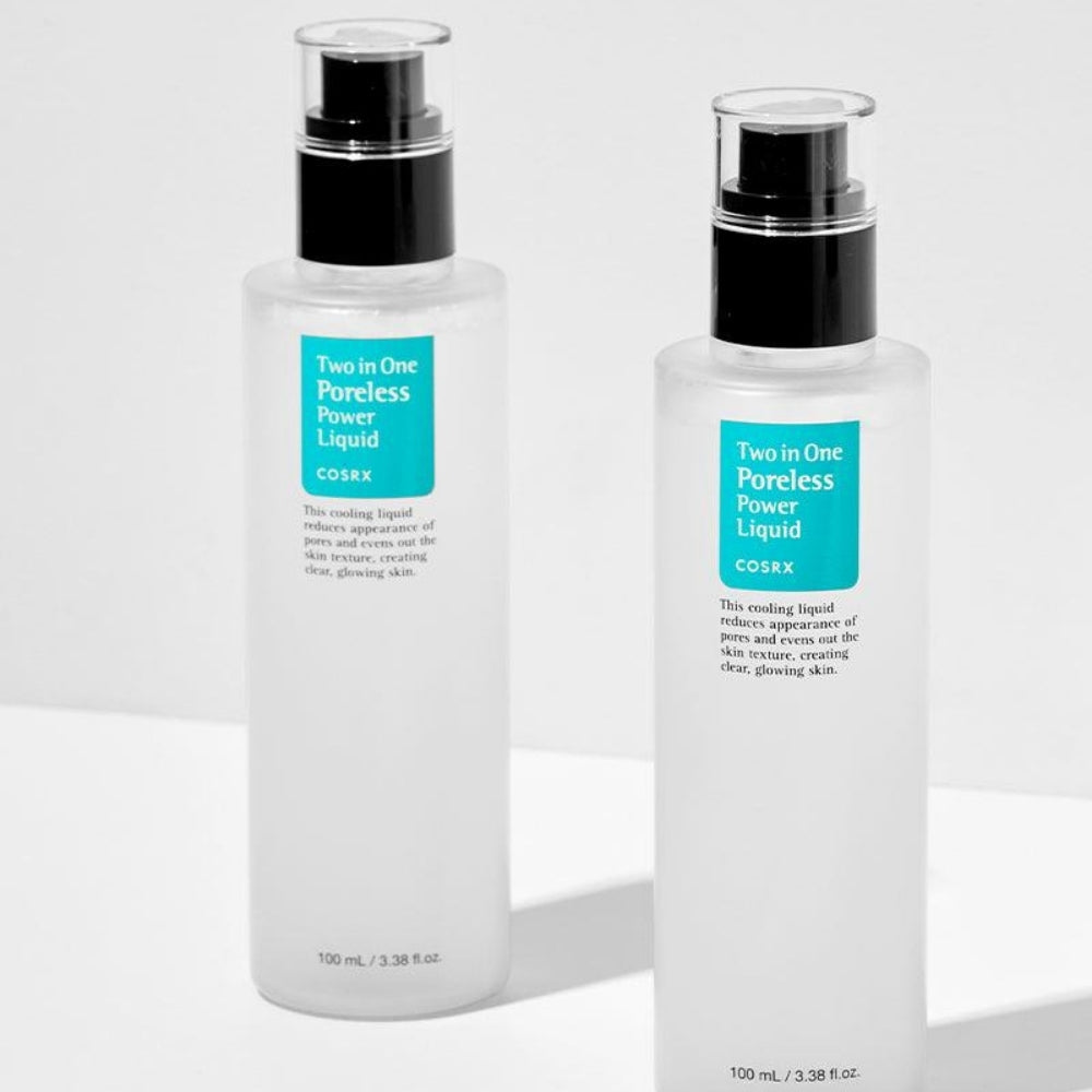 COSRX Two in One Poreless Power Liquid 100ml toner bottle with pump dispenser on a neutral background.