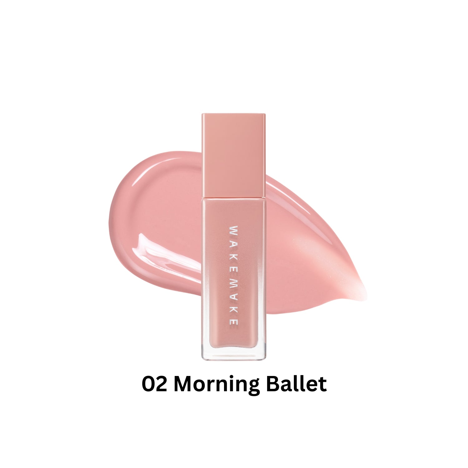 Wakemake Sheer Glow Liquid Blusher in a soft, luminous pink shade, displayed in a sleek bottle with a clear applicator.