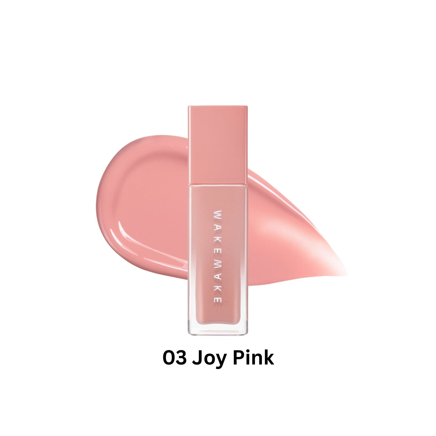 Wakemake Sheer Glow Liquid Blusher in a glass bottle, showcasing a soft pink shade with a luminous, dewy finish.