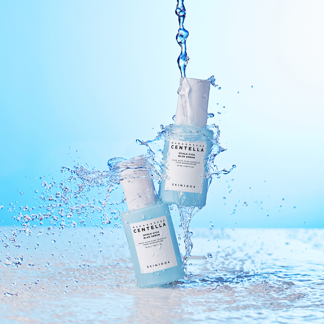 SKIN1004 Madagascar Centella Hyalu-Cica Blue Serum in 50ml bottle, featuring clear serum with blue tint and dropper applicator.