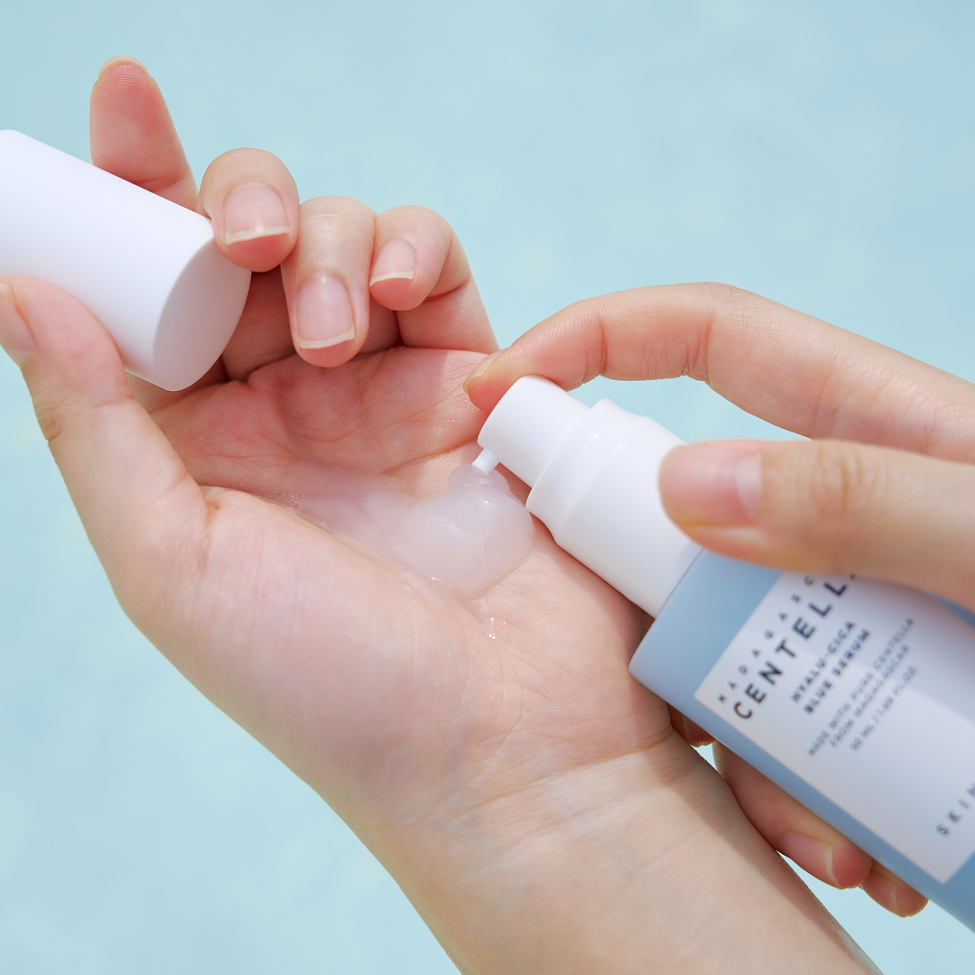 SKIN1004 Madagascar Centella Hyalu-Cica Blue Serum 50ml bottle with blue and white packaging, featuring a dropper applicator.