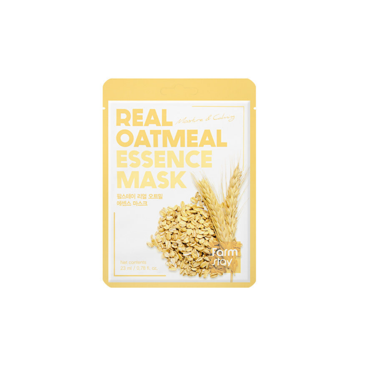 Farmstay Real Oatmeal Essence Sheet Mask lying flat, showing the mask sheet with oatmeal ingredients and packaging design.