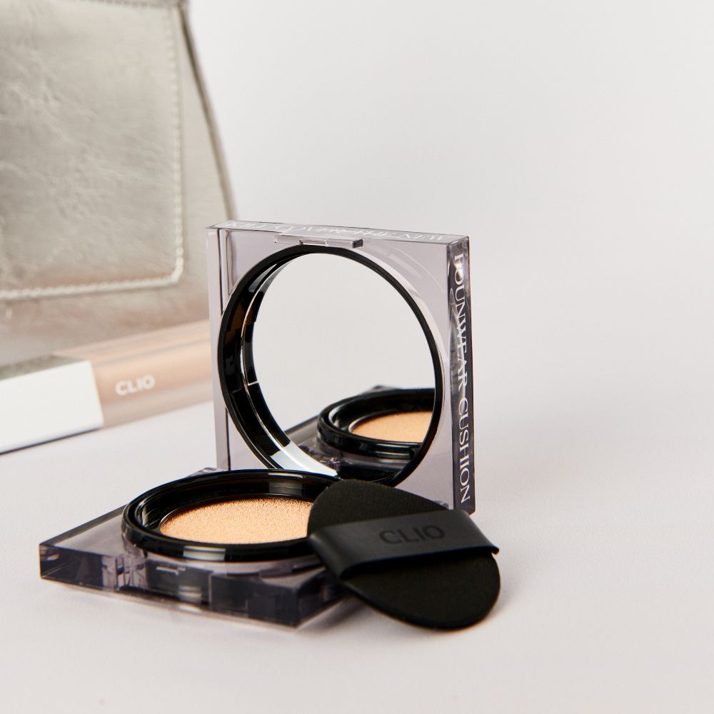 Clio Kill Cover The New Foundwear Cushion Mini, compact cushion foundation with a sleek case and sponge applicator, in a neutral shade.