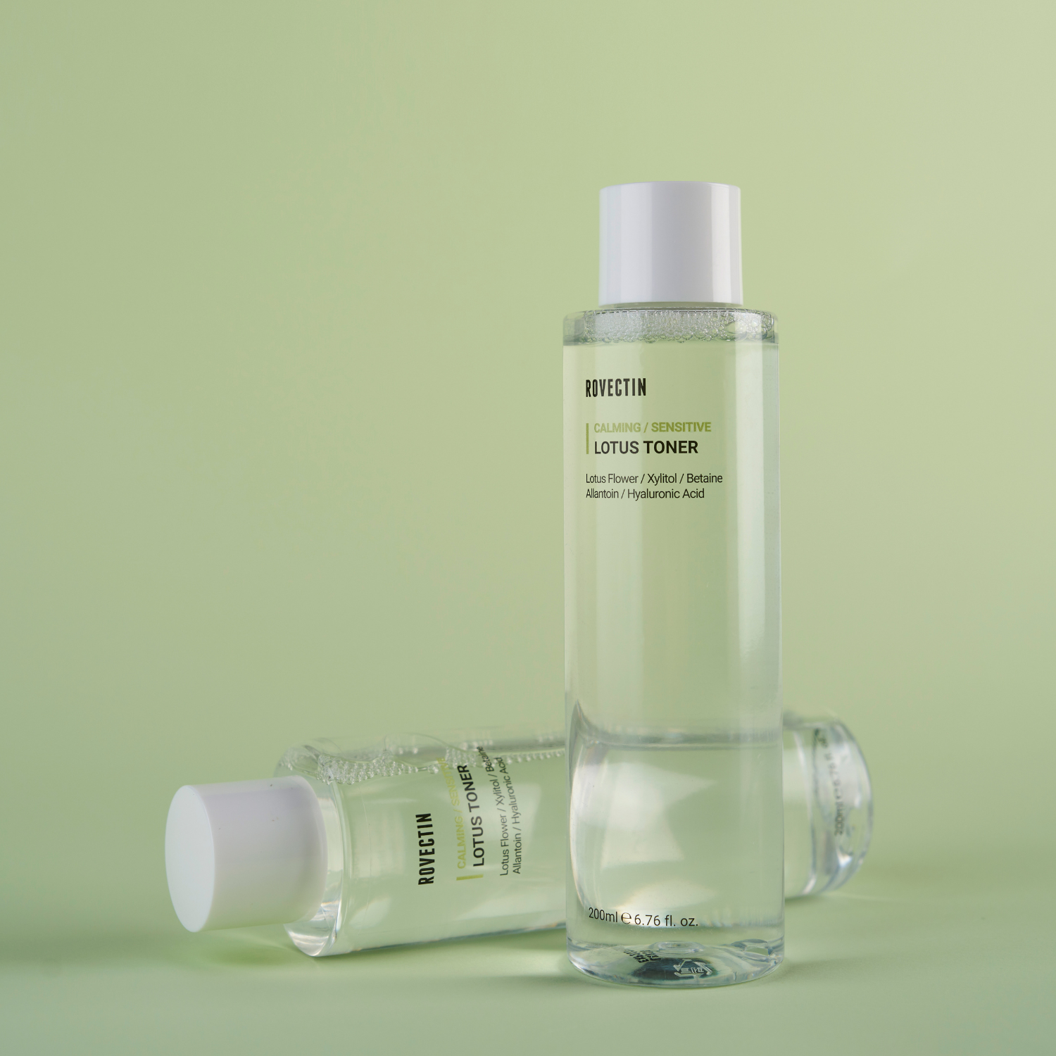 Rovectin Calming Lotus Toner 200ml bottle with a serene lotus flower design and clear liquid inside.