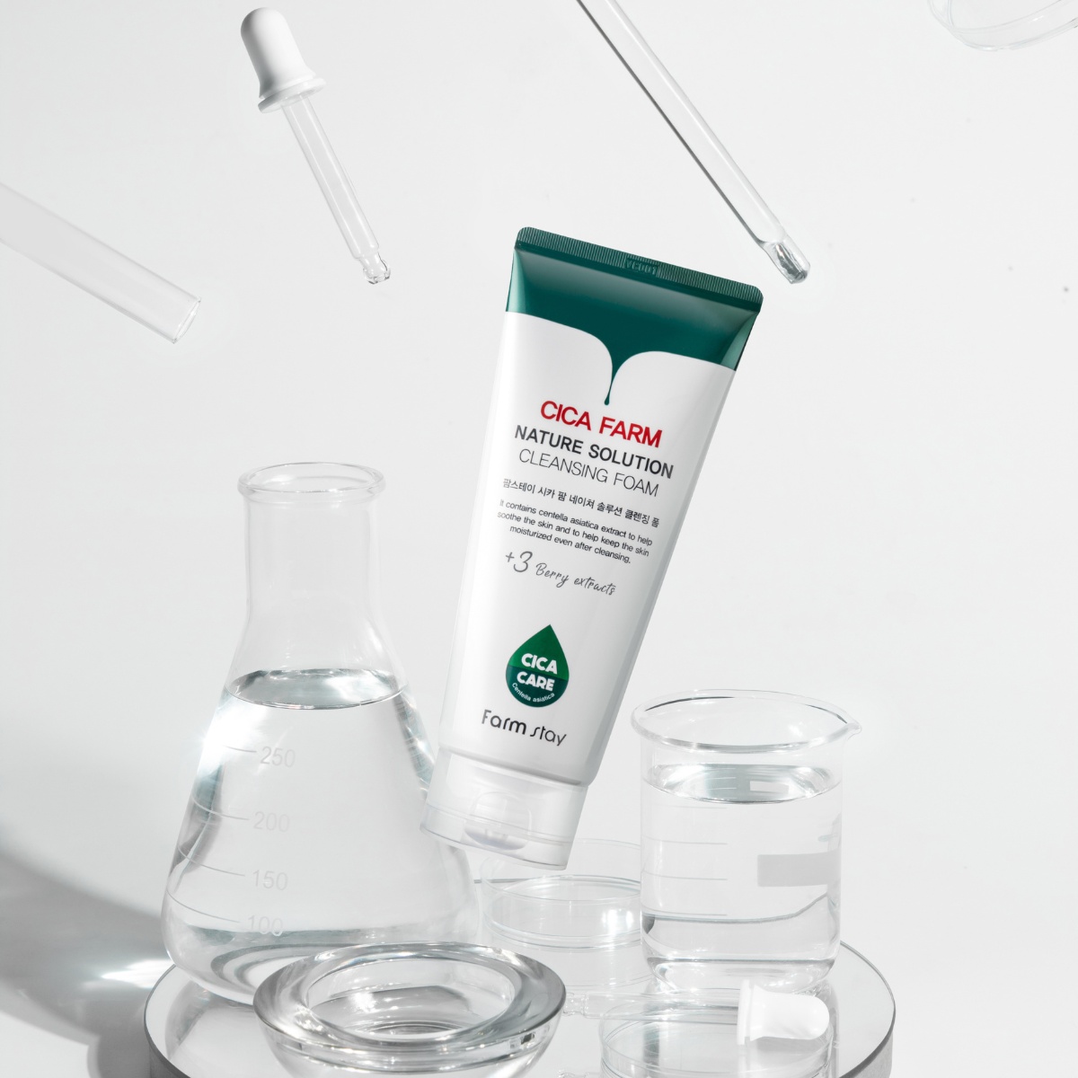 Farmstay Cica Farm Nature Solution Foam Cleanser in a 180ml gel and foam cleanser bottle with a clean, natural design.