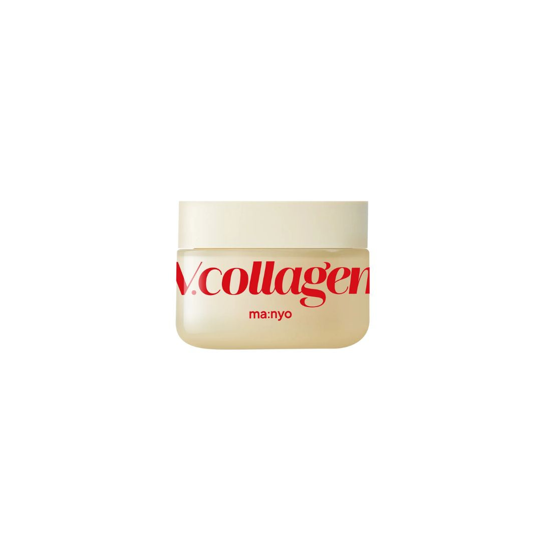 Ma:nyo Vcollagen Heart Fit Cream 50ml face moisturizer jar with smooth, creamy texture and floral design on the packaging.