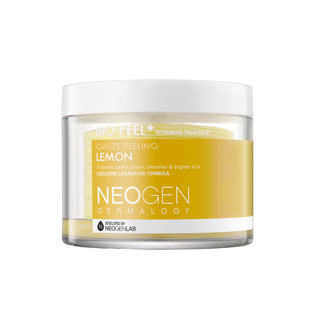 NEOGEN Lemon Bright PHA Gauze Peeling exfoliant in a 190ml bottle, showing the gauze pads and bright lemon-inspired packaging.