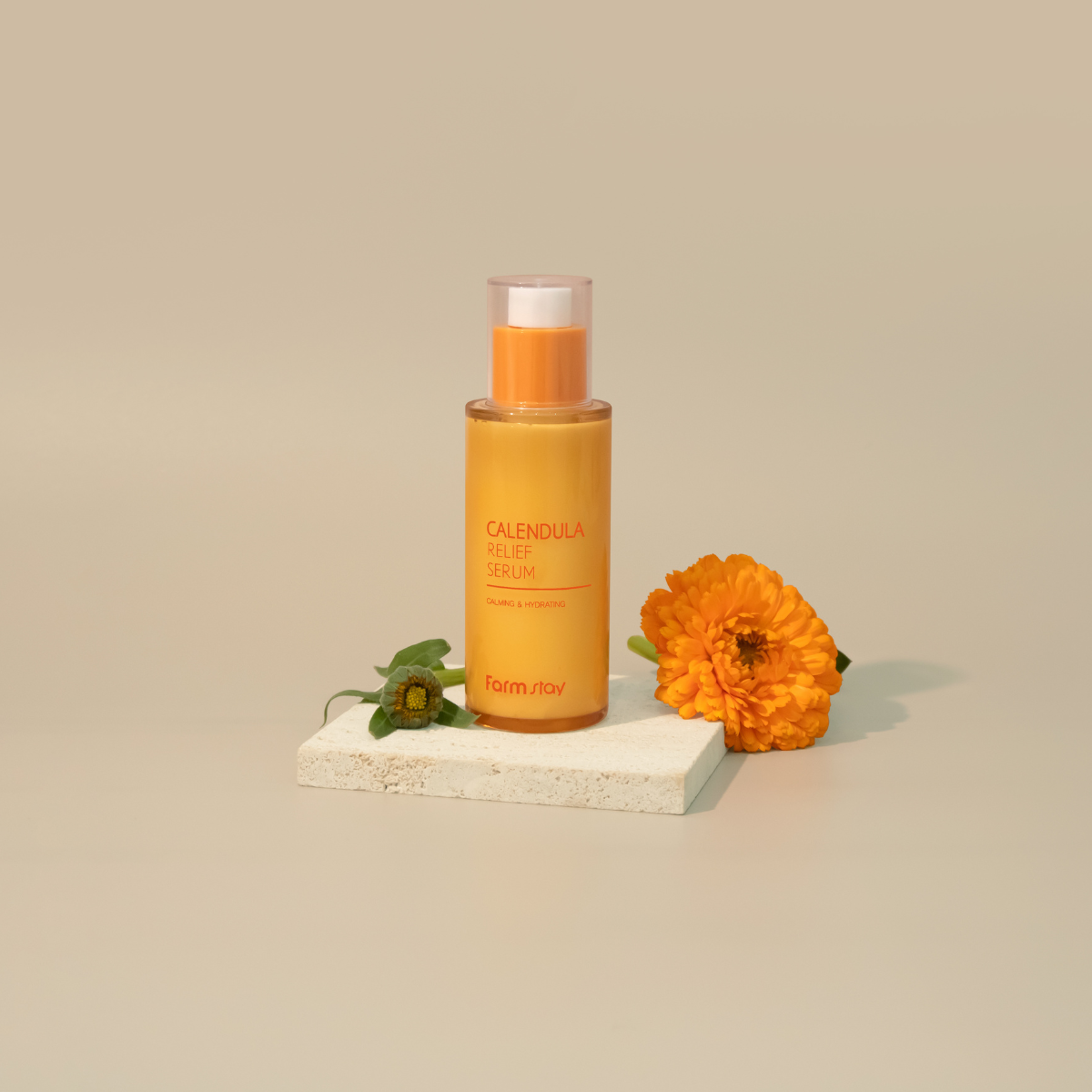 Farmstay Calendula Relief Serum 50ml bottle with dropper, featuring a natural herbal skincare product for soothing and nourishing skin.