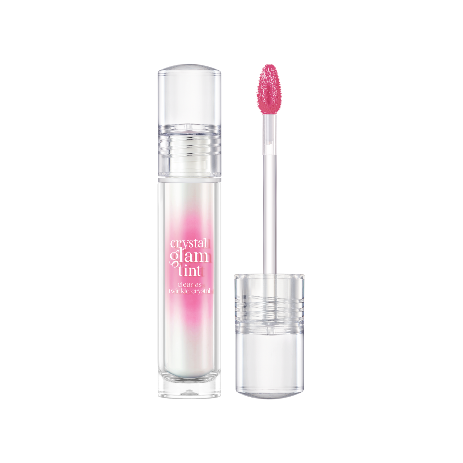 Clio Crystal Glam Tint luxury lip tint in a sleek tube, featuring a shimmering, crystal-inspired design and vibrant pink shade.