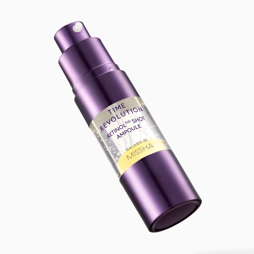 Missha Time Revolution Retinol 500 Shot Ampoule 10ml bottle with dropper, showcasing a sleek skincare serum container.