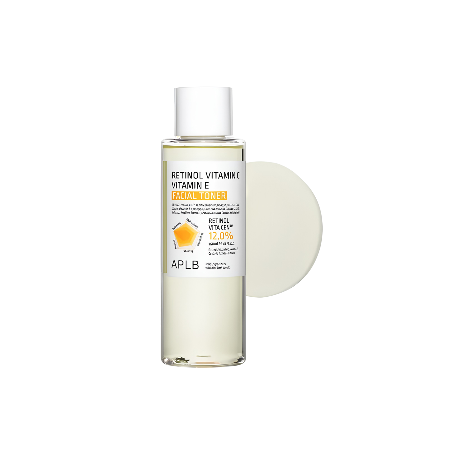 APLB Retinol, Vitamin C, and Vitamin E facial toner bottle with a clear label and pump dispenser, 160ml size.
