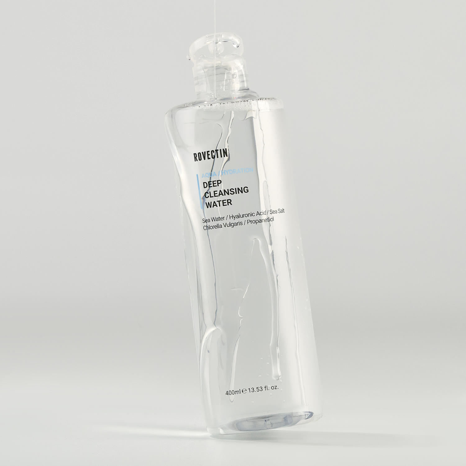 Rovectin Aqua Deep Cleansing Water 400ml gel and foam cleanser in a clear bottle with a white cap and blue label.