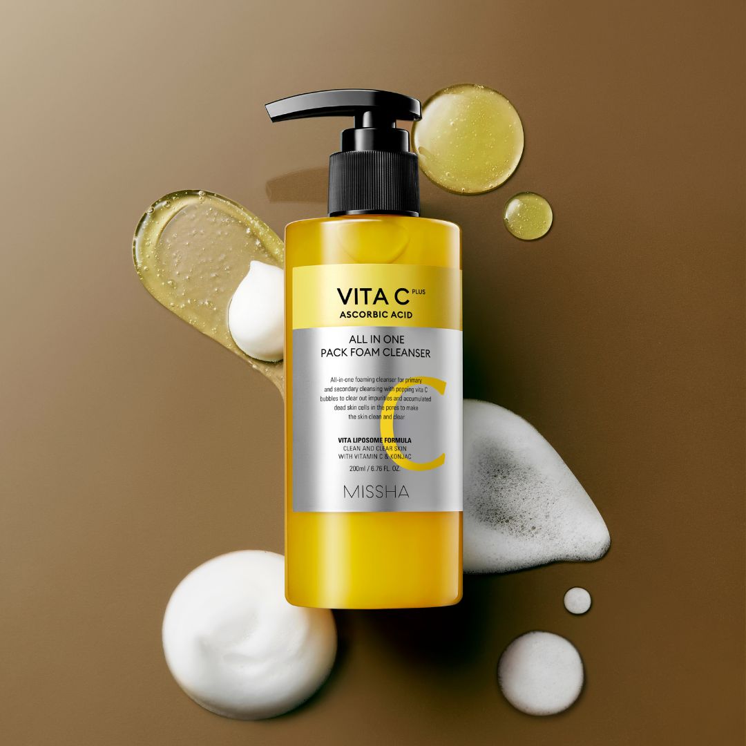 Missha Vita C Plus All In One Pack gel and foam cleanser in a 200ml tube, showing the product's packaging and branding.