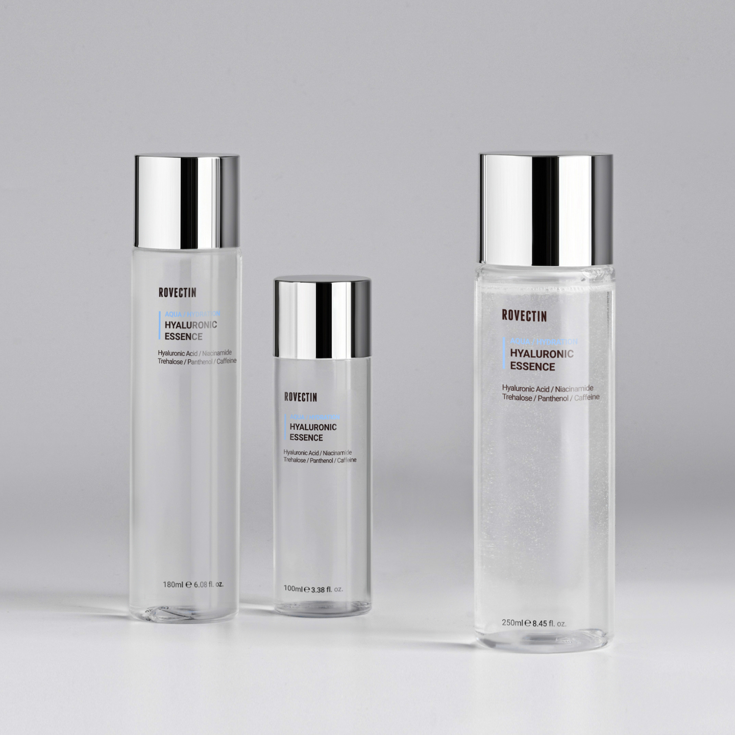 Rovectin Hyaluronic Essence bottle with 180ml clear container, emphasizing hydrating skincare essence for deep moisture.