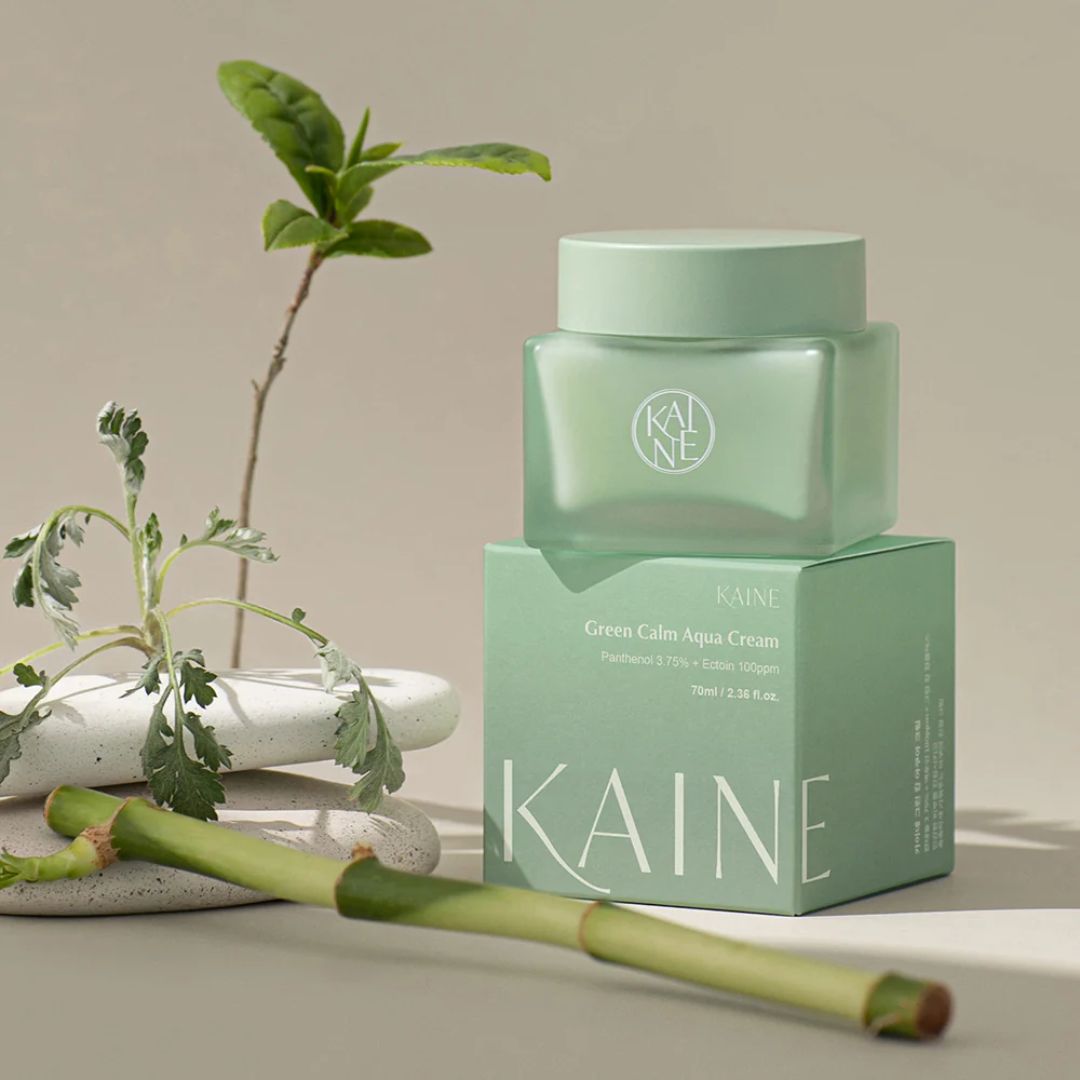 Green Calm Aqua Cream face moisturizer by KAINE in a 70ml jar, featuring a soothing green formula for hydration.