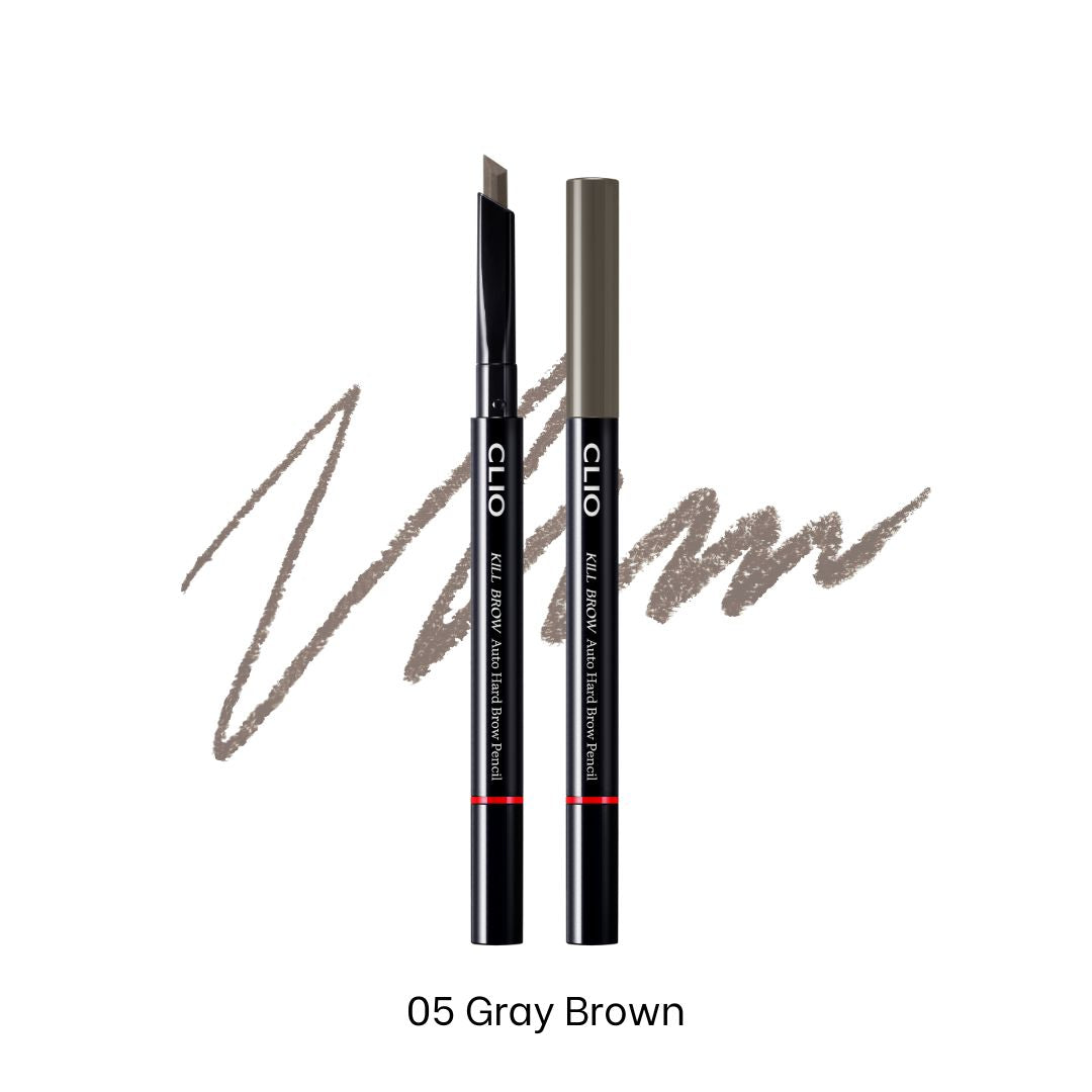 Clio Kill Brow Auto Hard Brow Pencil in gray-brown for precise eyebrow shaping and filling.