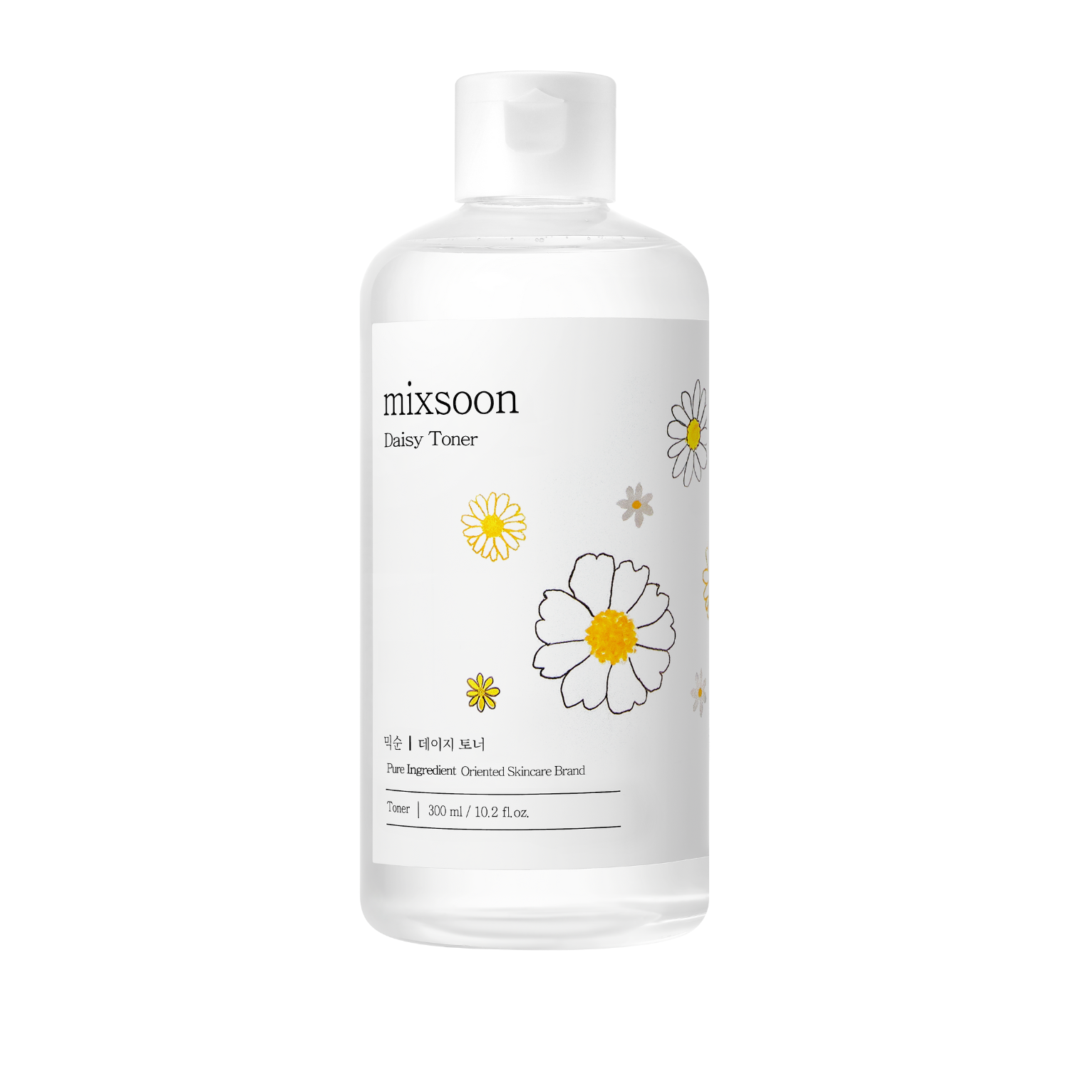 Mixsoon Daisy Toner in a 300ml bottle, featuring a clear liquid with natural Daisy flower extracts, for gentle skincare.