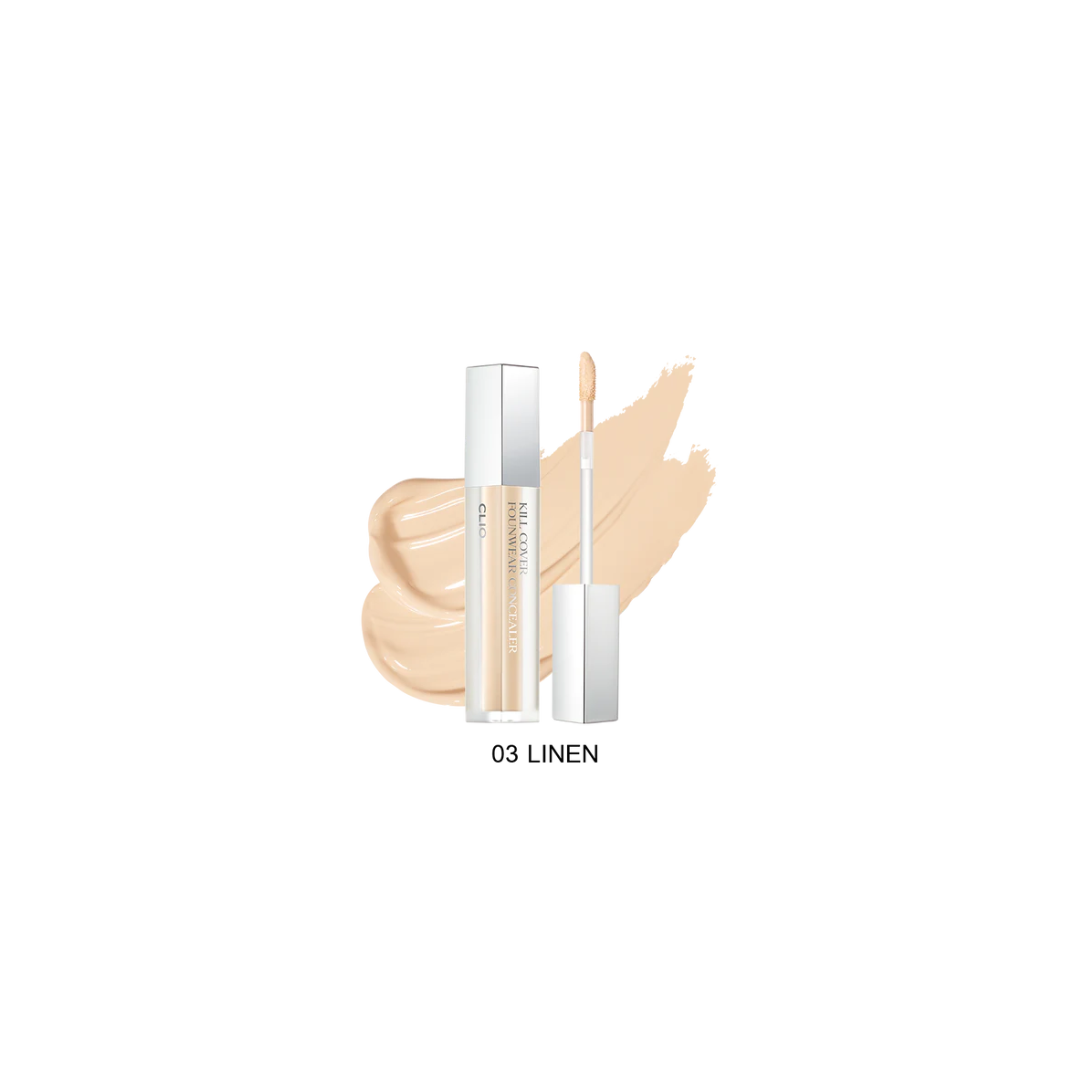 Clio Kill Cover Founwear Concealer 6g, a tube of concealer and corrector with a sleek black cap and beige body, visible applicator tip.