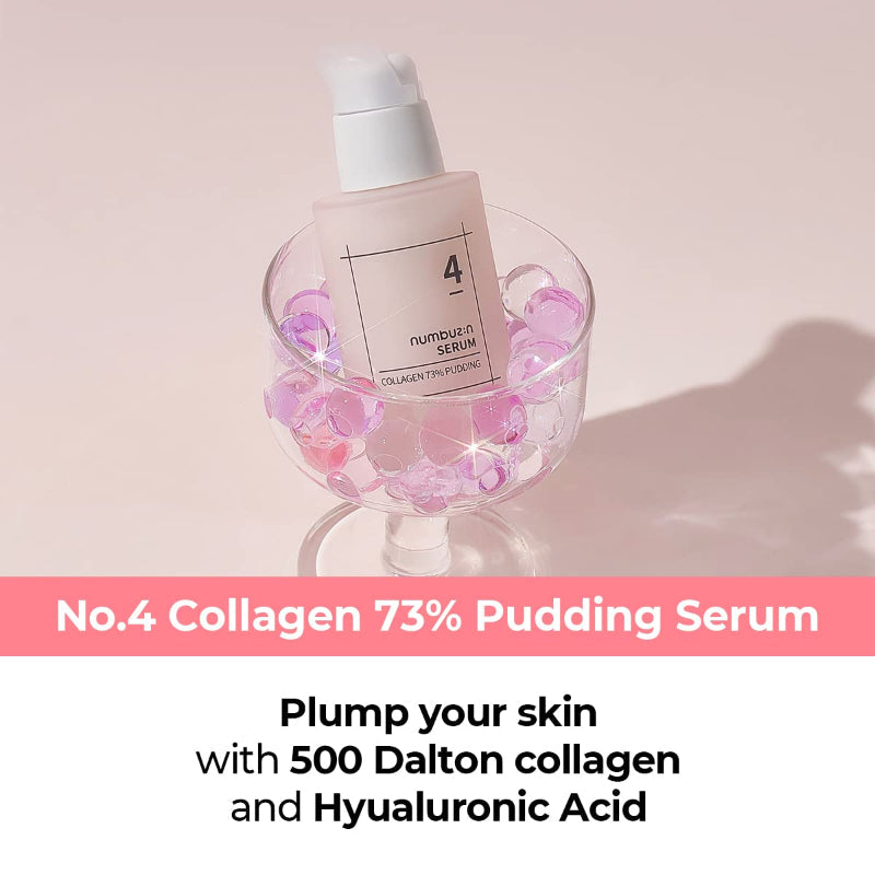 Numbuzin No.4 Collagen 73% Pudding Serum 50ml in a clear bottle with a white pump dispenser, showcasing a creamy serum texture.