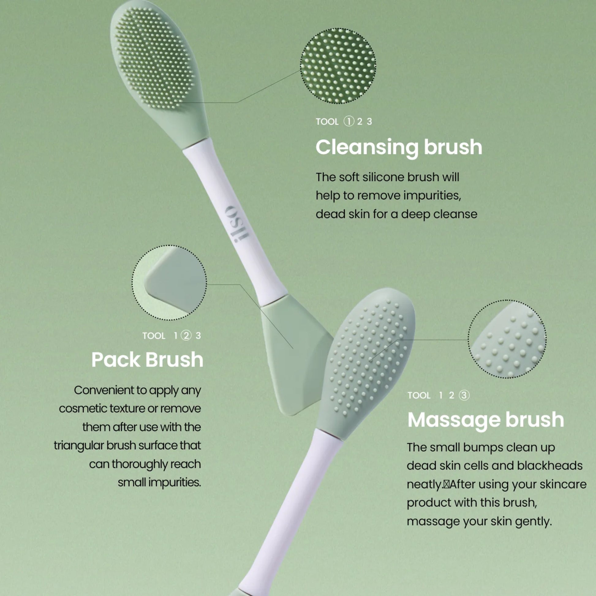 ILSO Dual Clean Brush beauty tool with dual-sided bristles for gentle facial cleansing and exfoliation.