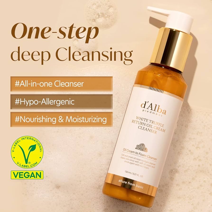 d'Alba White Truffle Return Oil & Balm Cleanser in 150ml bottle, featuring a white and sleek design for gentle skincare.