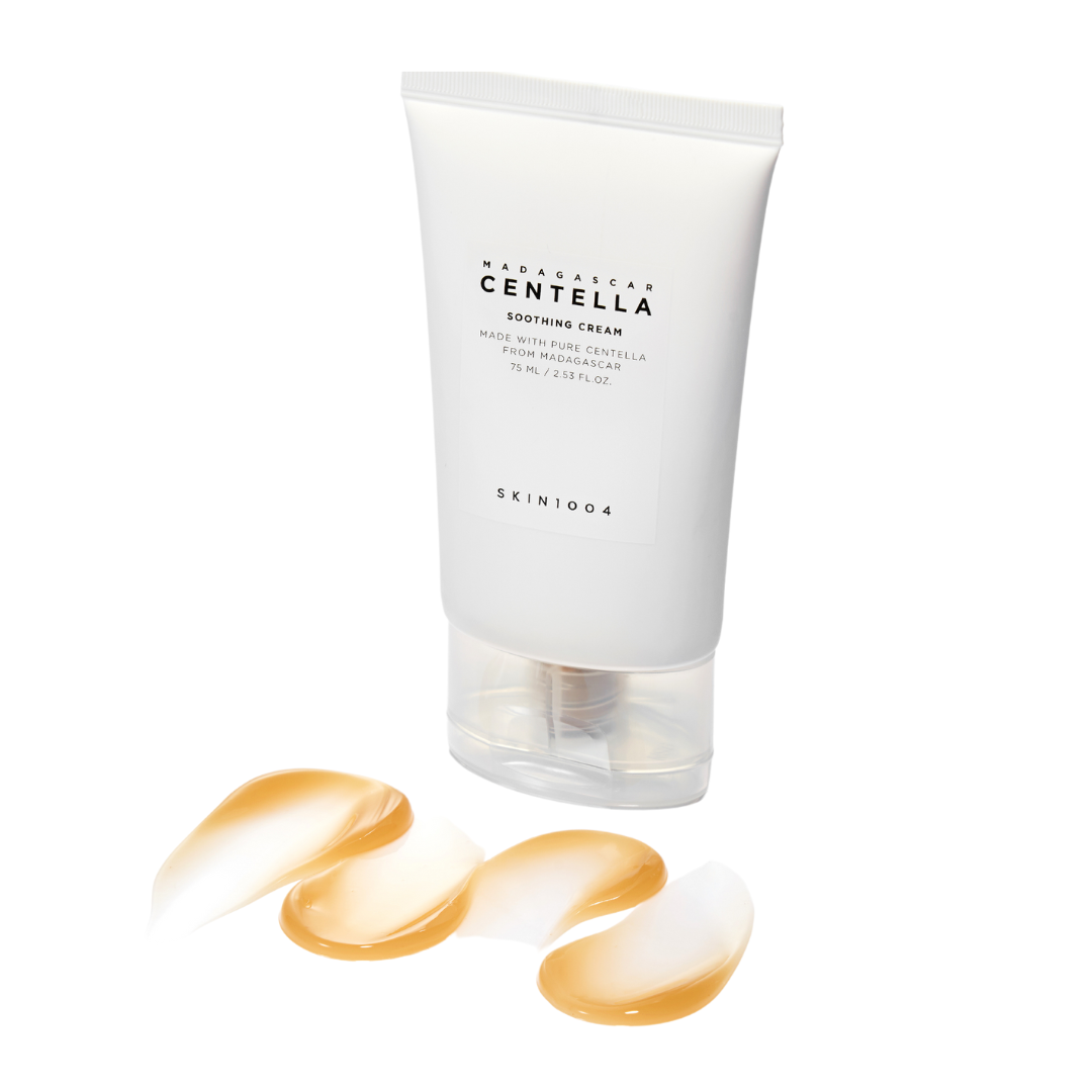 SKIN1004 Madagascar Centella Soothing Cream 75ml, a face moisturizer with calming and hydrating properties, shown in a white jar.