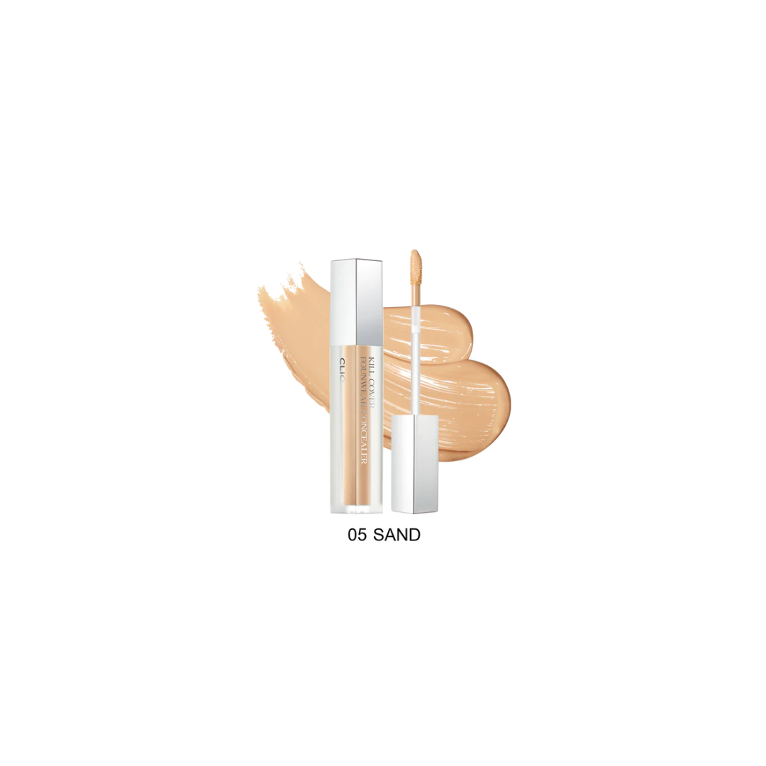 Clio Kill Cover Founwear Concealer 6g in a sleek tube, showing the applicator tip and creamy concealer formula.