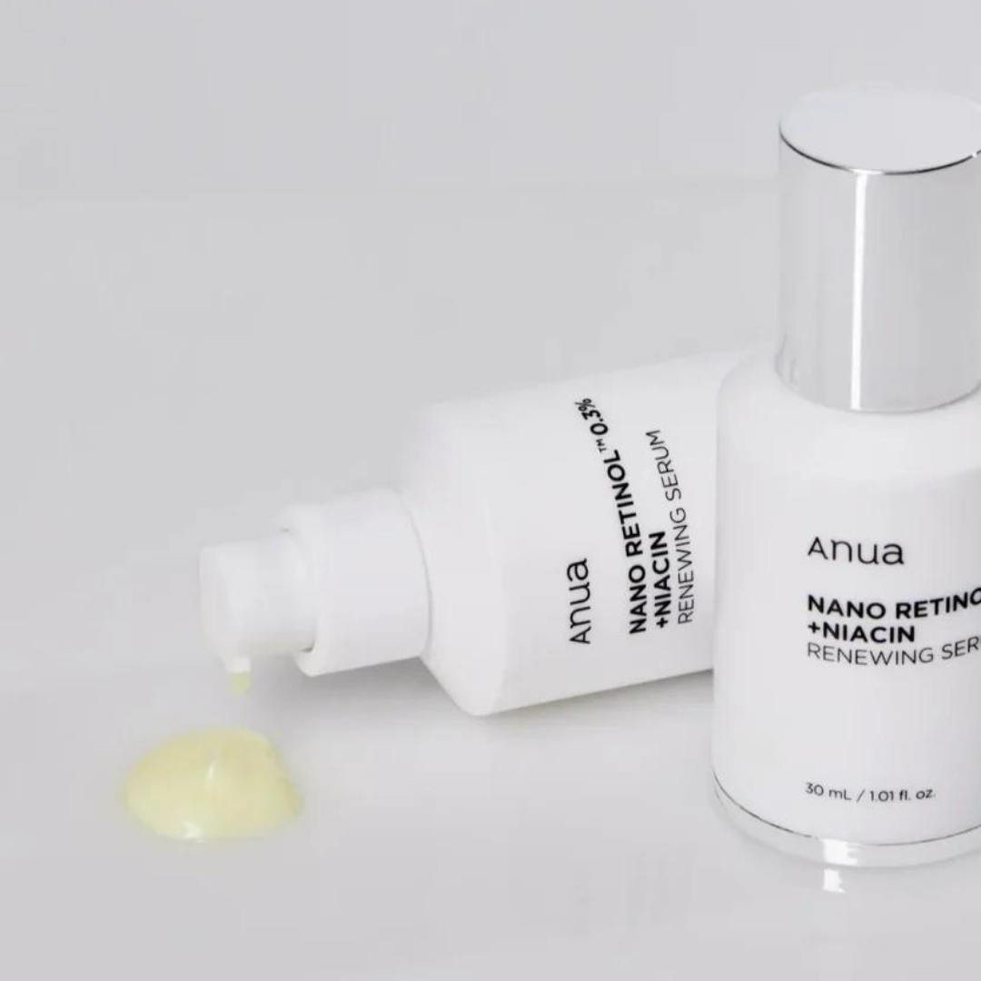 Anua Nano Retinol 0.3% + Niacin renewing serum in a 30ml container, shown in a sleek, transparent bottle with a white cap.