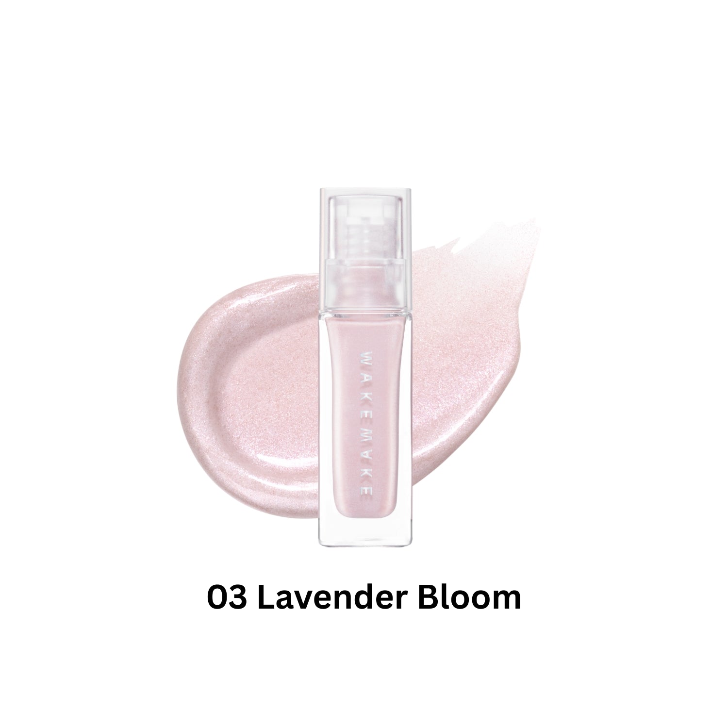Wakemake Sheer Glow Liquid Highlighter showing a shimmering, luminous liquid highlighter in a clear bottle with a pump applicator.