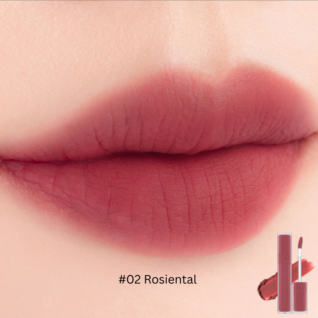 Rom&nd Blur Fudge Lip Tint in a soft, natural shade with a smooth, glossy finish, showcasing the product's sleek packaging.
