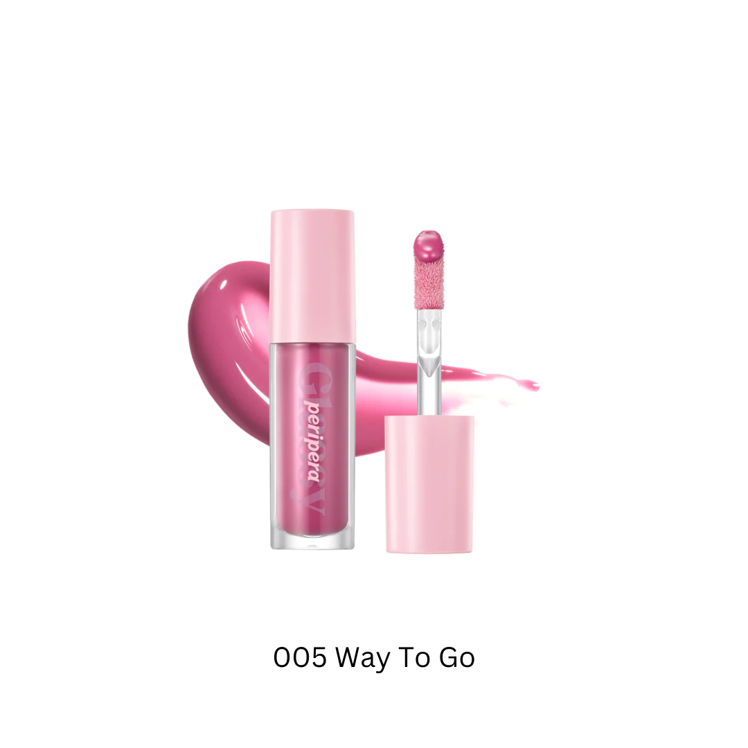 Peripera Ink Glasting Lip Gloss in a clear tube showing glossy, shimmering lip color with a smooth, hydrating texture.