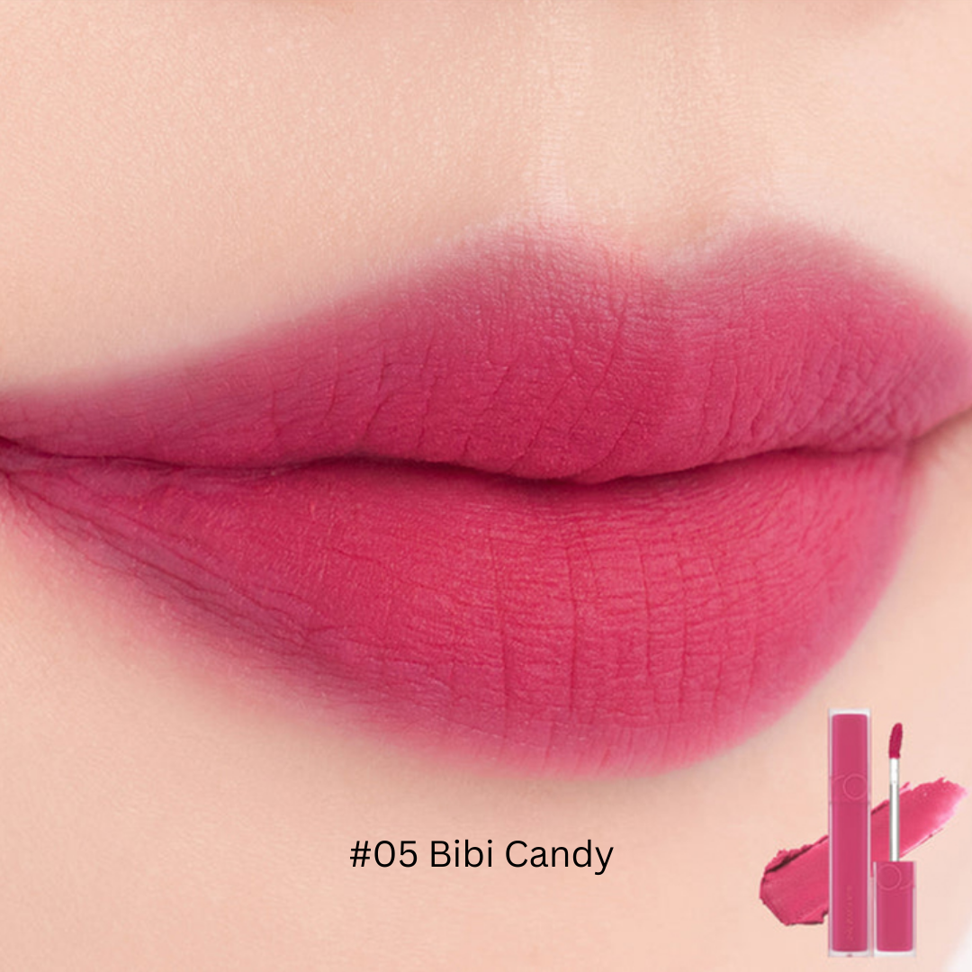 Rom&nd Blur Fudge Lip Tint in a tube with swatched color on lips, showcasing the lip tint's natural, blurred finish.