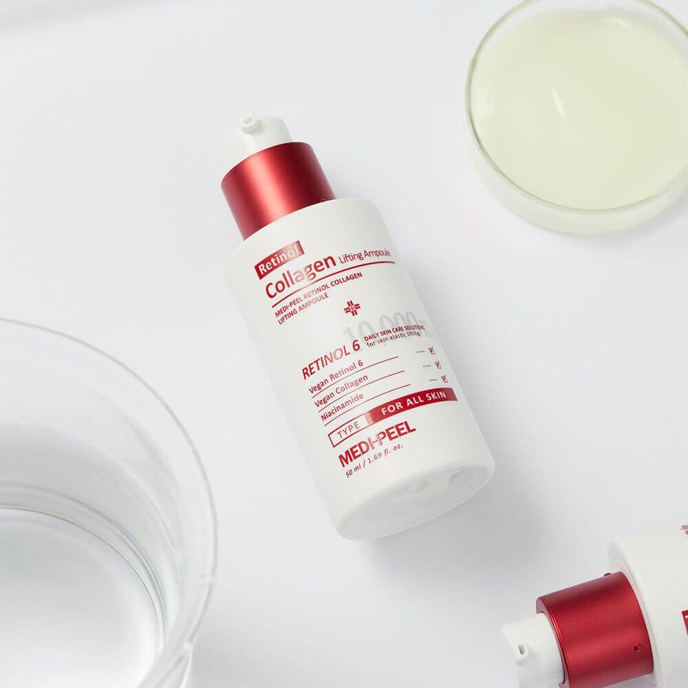 MEDIPEEL+ retinol collagen lifting ampoule in a 50ml bottle, showcasing clear liquid and elegant packaging.