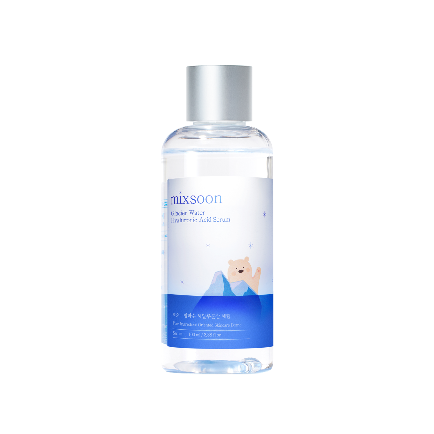 Mixsoon Glacier Water Hyaluronic Acid Serum 100ml in a clear bottle, showcasing the serum's smooth, hydrating texture.